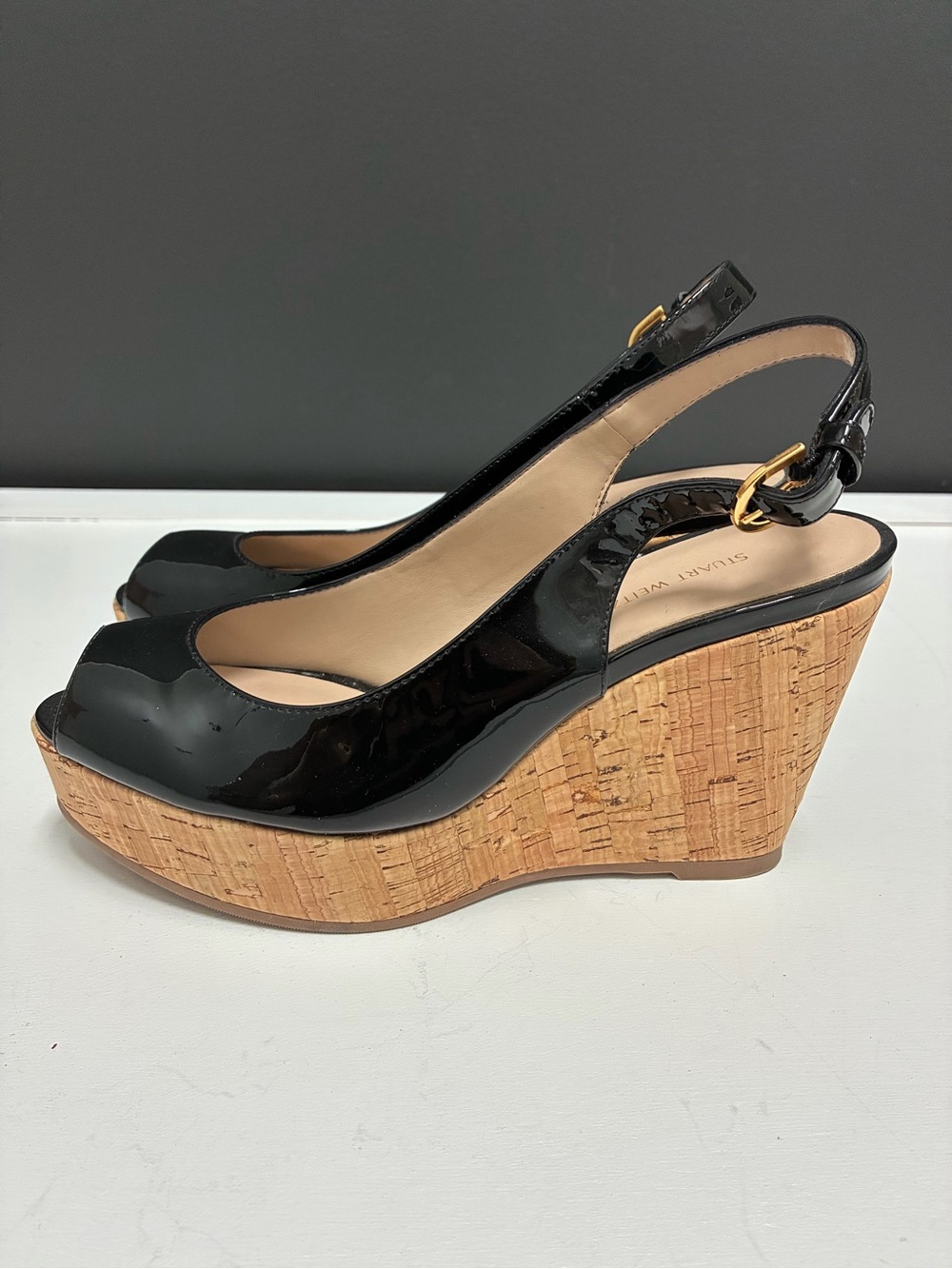 Stuart Weitzman Black Patent Cork Wedge Slingback Peep-Toe Heels - Picture 3 of 7